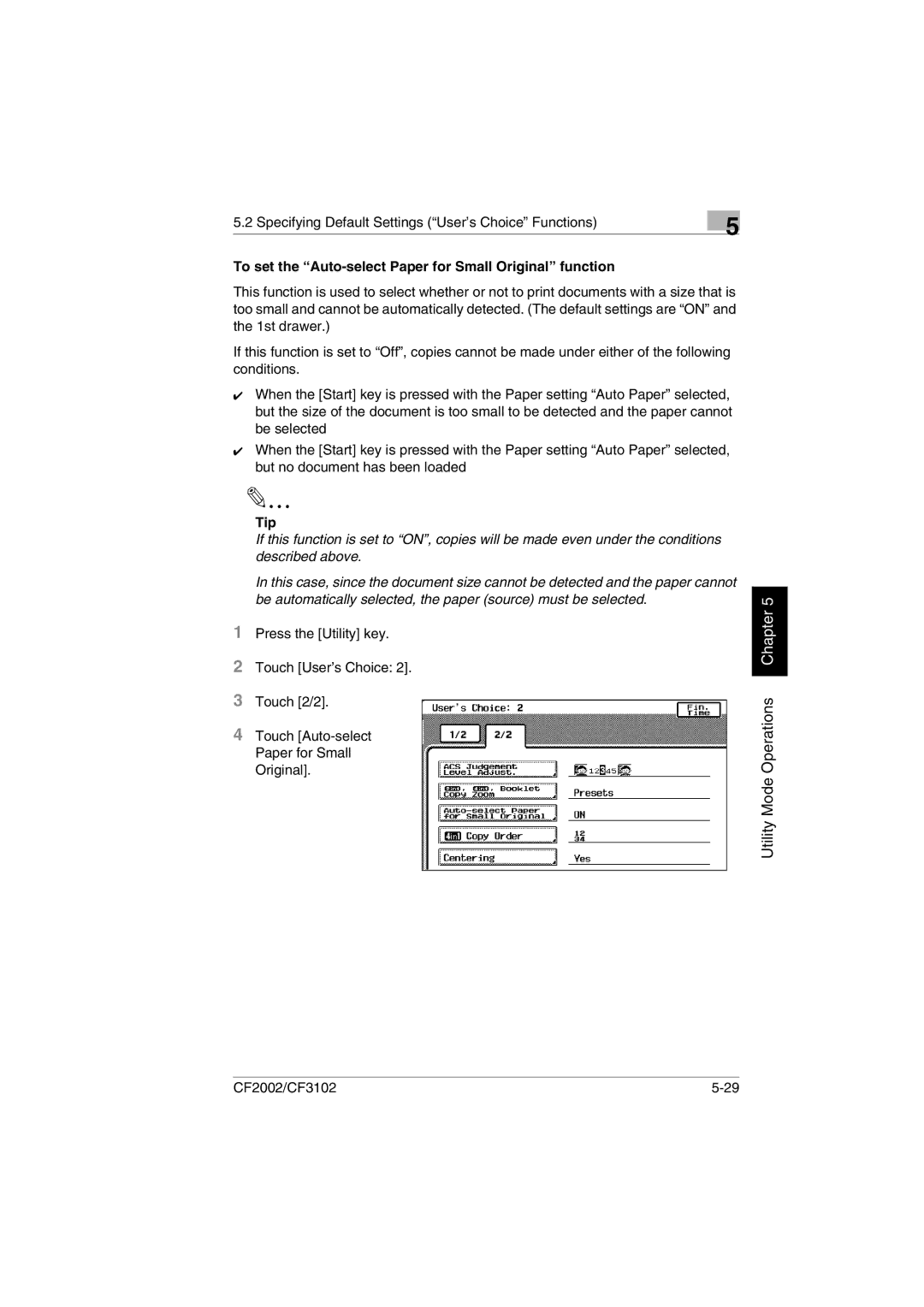 Minolta CF2002 manual To set the Auto-select Paper for Small Original function, Tip 