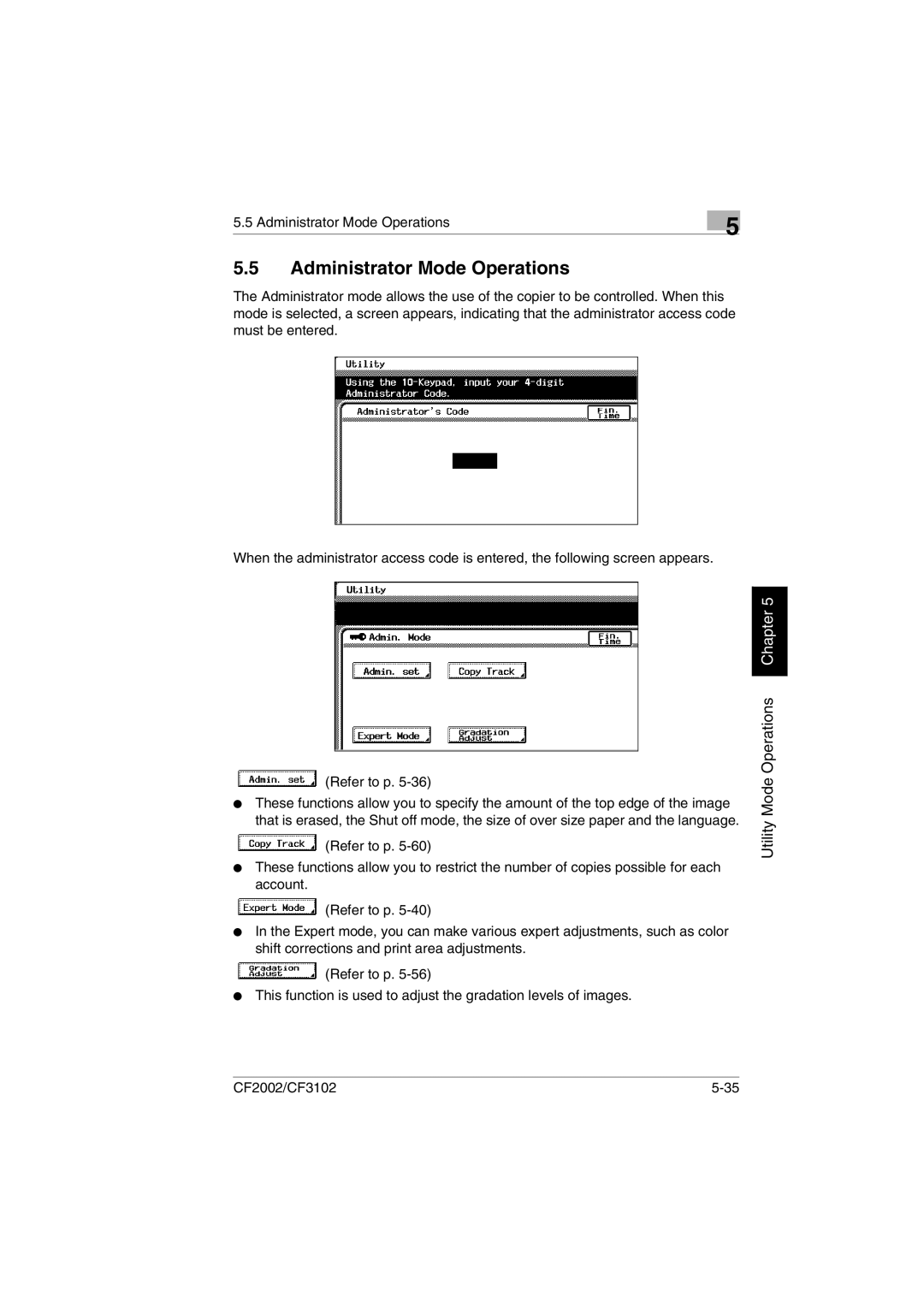 Minolta CF2002 manual Administrator Mode Operations 