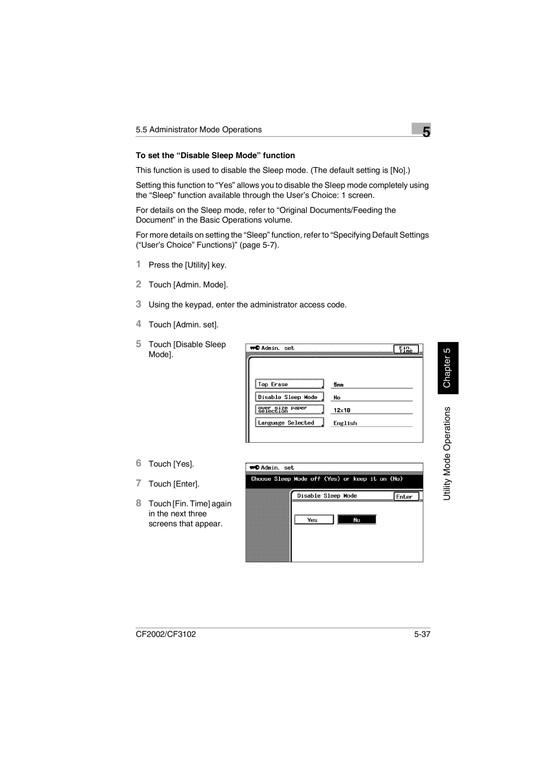 Minolta CF2002 manual To set the Disable Sleep Mode function 