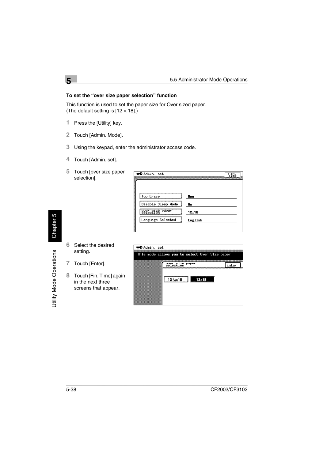 Minolta CF2002 manual To set the over size paper selection function 