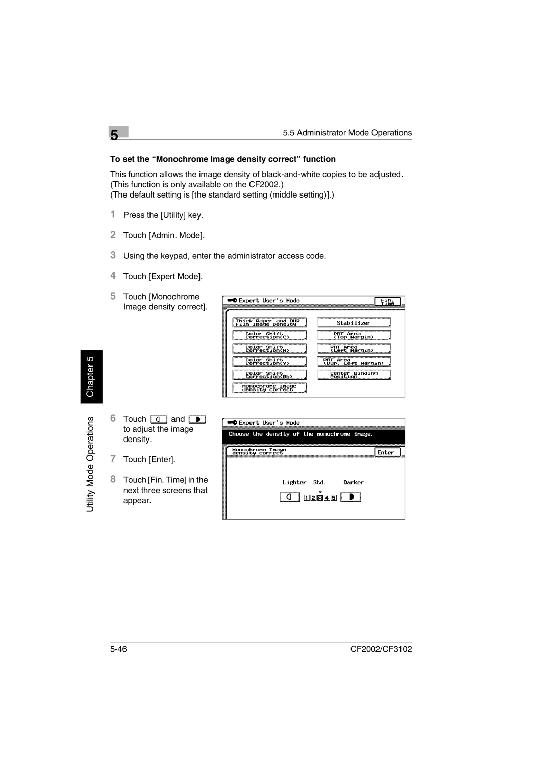 Minolta CF2002 manual To set the Monochrome Image density correct function 