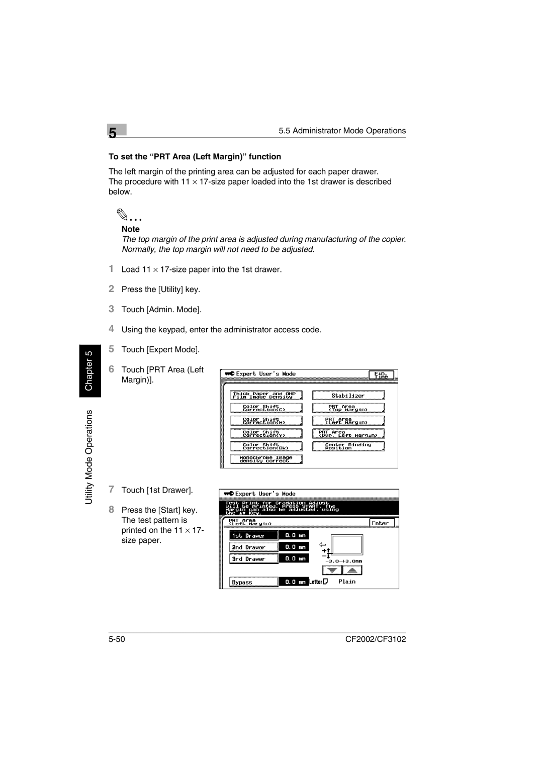 Minolta CF2002 manual To set the PRT Area Left Margin function 