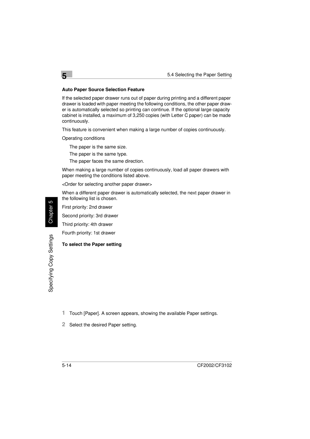 Minolta CF2002 user manual Auto Paper Source Selection Feature, To select the Paper setting 