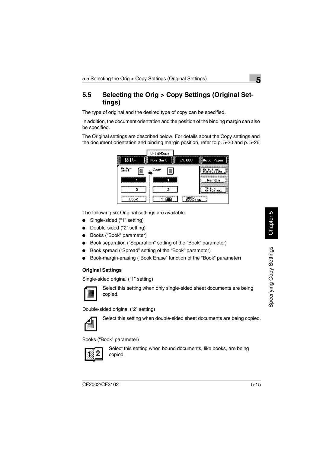 Minolta CF2002 Selecting the Orig Copy Settings Original Set- tings, Selecting the Orig Copy Settings Original Settings 