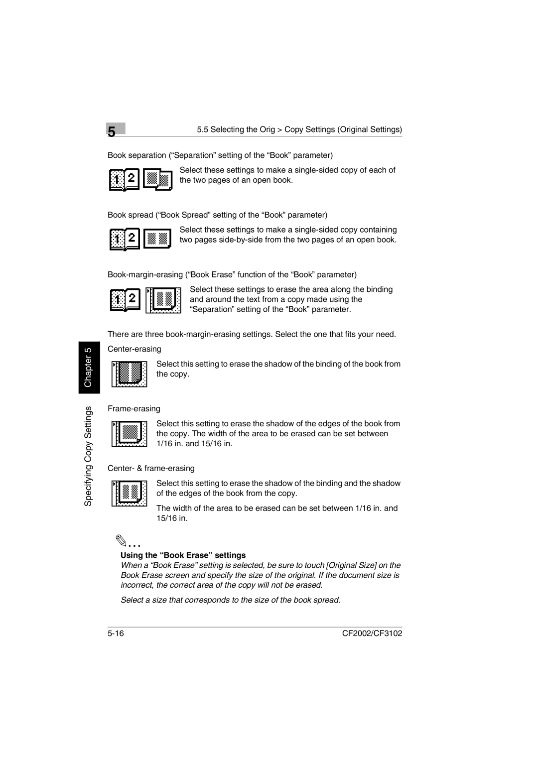 Minolta CF2002 user manual Using the Book Erase settings 