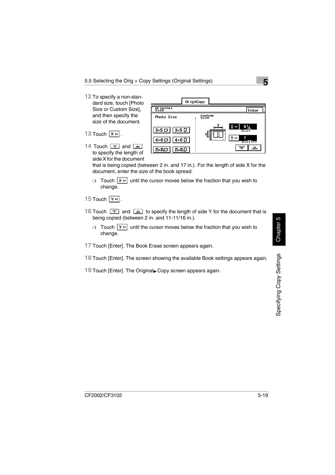 Minolta CF2002 user manual Touch and to specify the length of side X for the document 