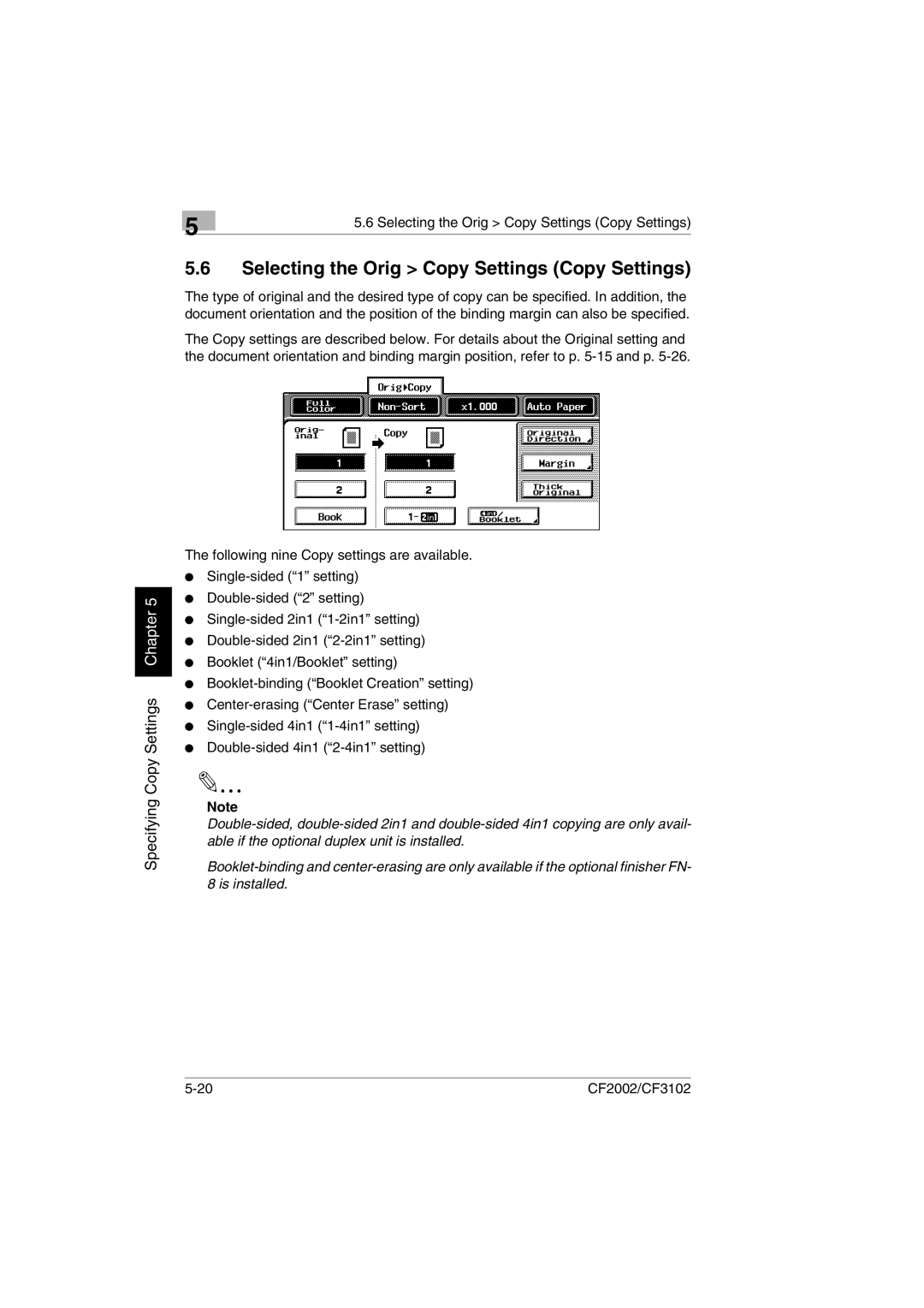 Minolta CF2002 user manual Selecting the Orig Copy Settings Copy Settings 