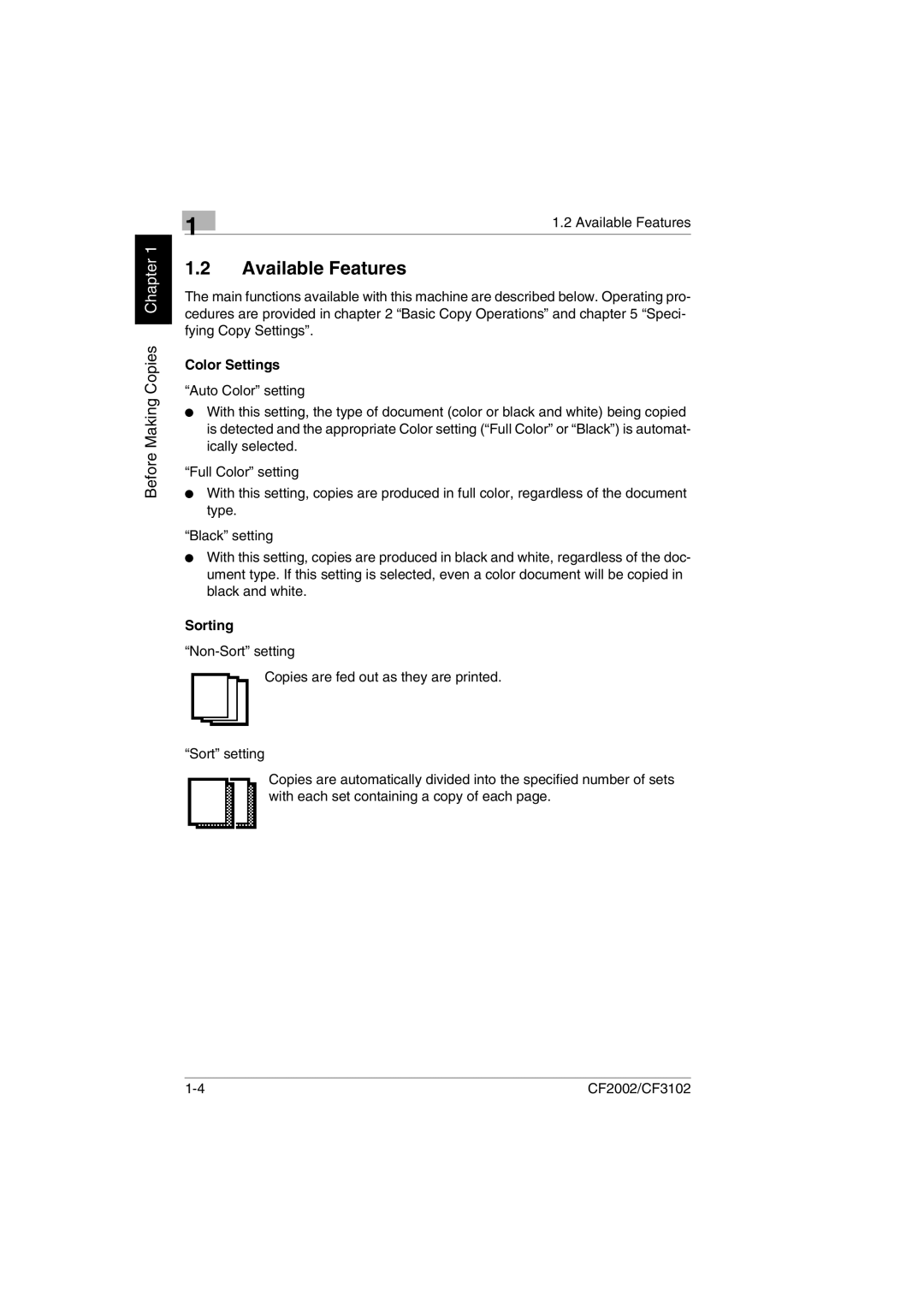 Minolta CF2002 user manual Available Features, Color Settings, Sorting 