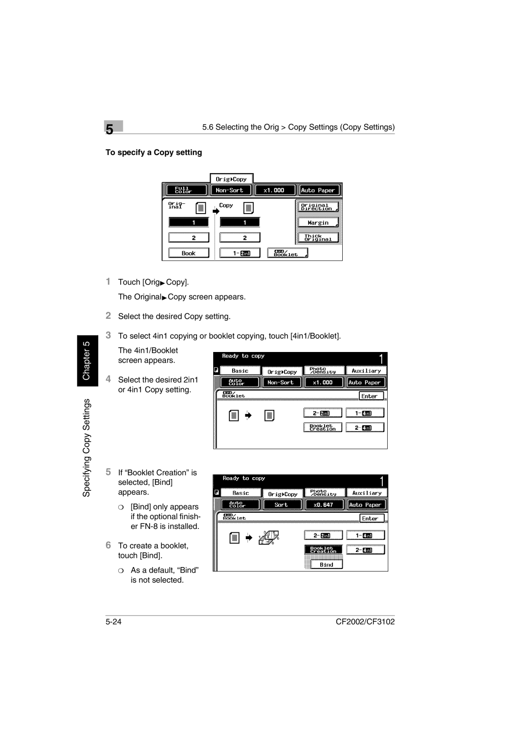 Minolta CF2002 user manual Selecting the Orig Copy Settings Copy Settings, To specify a Copy setting 