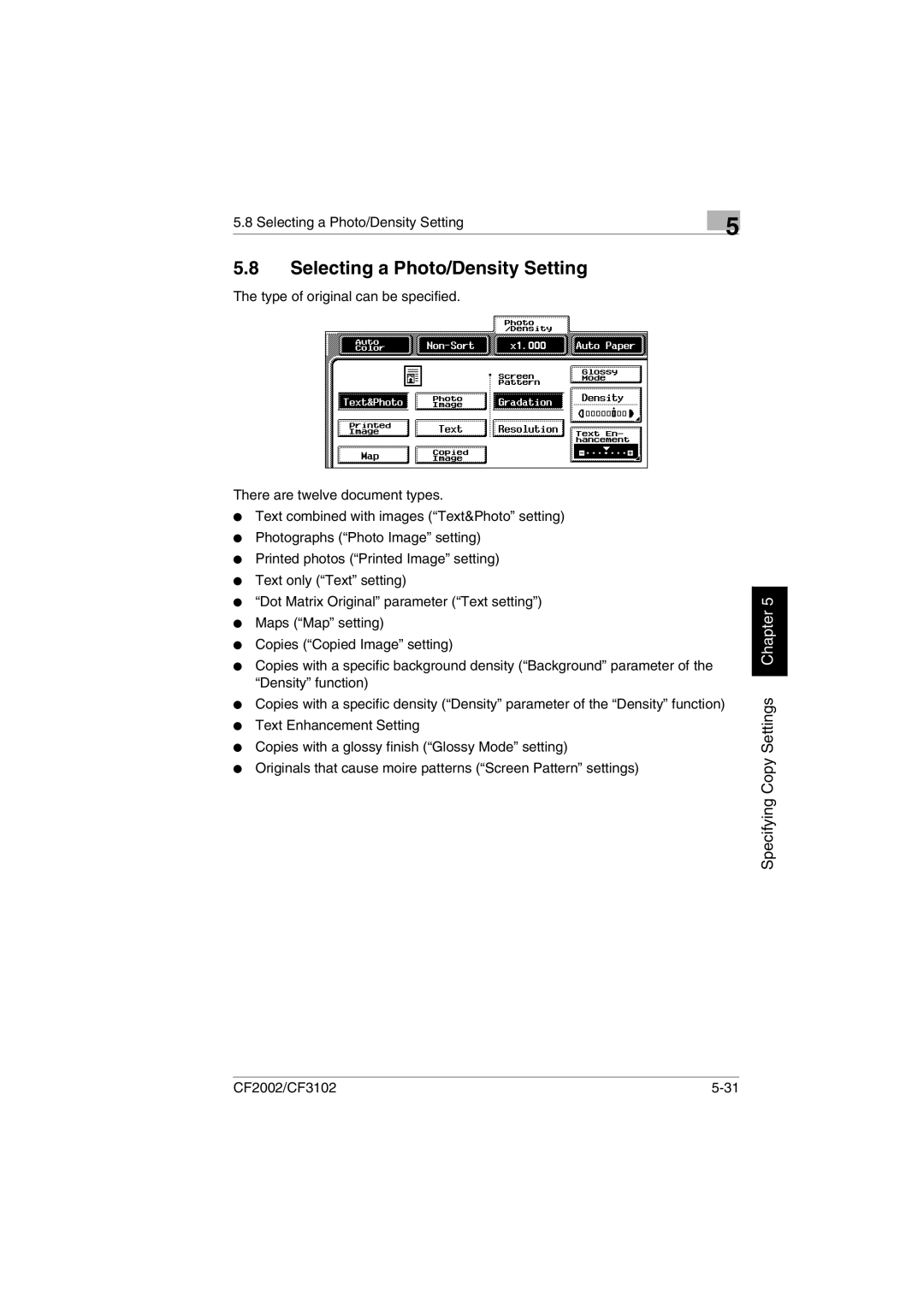 Minolta CF2002 user manual Selecting a Photo/Density Setting 