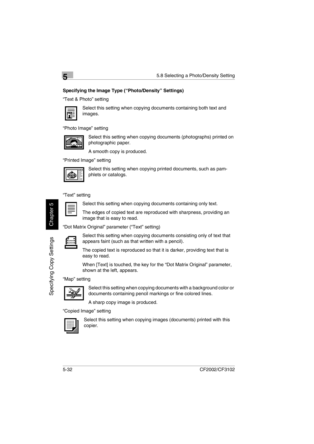 Minolta CF2002 user manual Specifying the Image Type Photo/Density Settings 