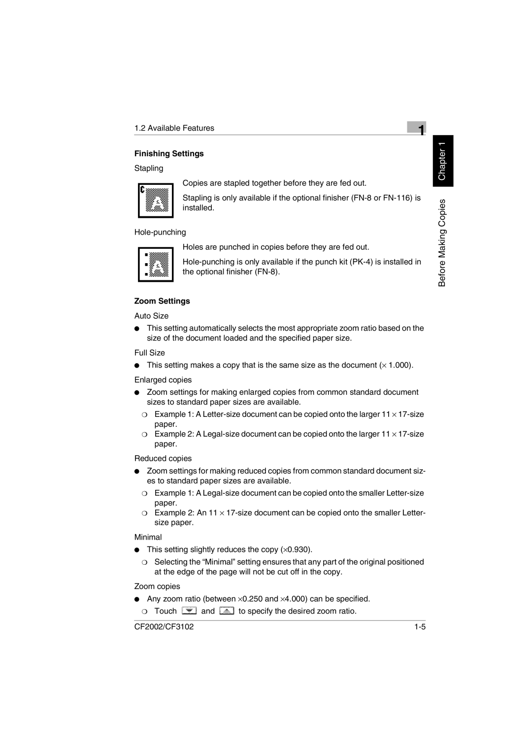 Minolta CF2002 user manual Available Features, Finishing Settings, Zoom Settings 