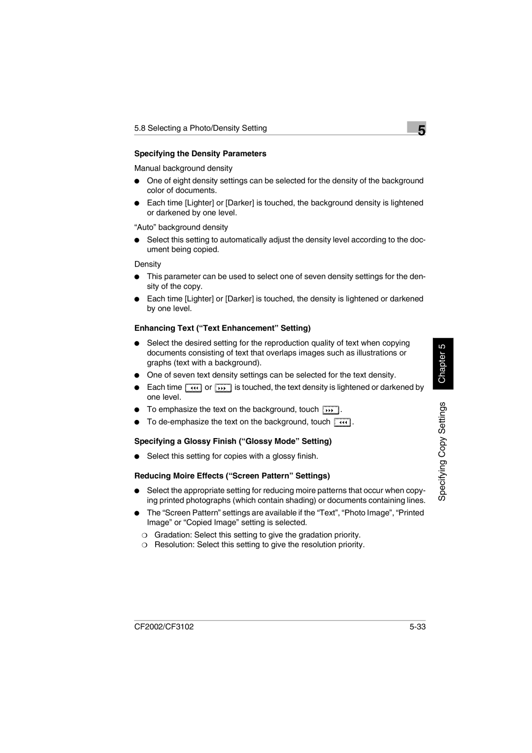 Minolta CF2002 user manual Specifying the Density Parameters, Enhancing Text Text Enhancement Setting 