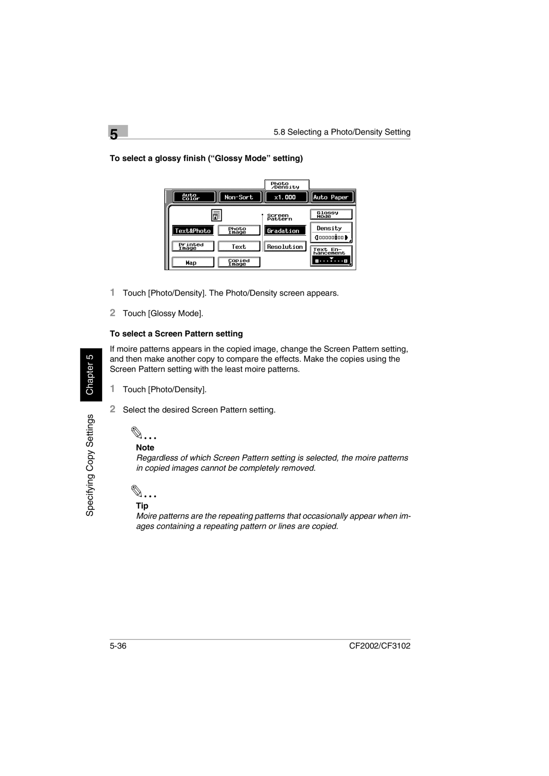 Minolta CF2002 user manual To select a glossy finish Glossy Mode setting, To select a Screen Pattern setting 