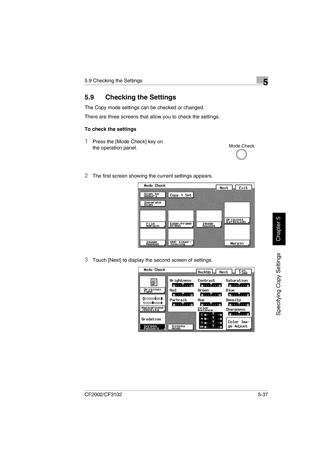 Minolta CF2002 user manual Checking the Settings, To check the settings 