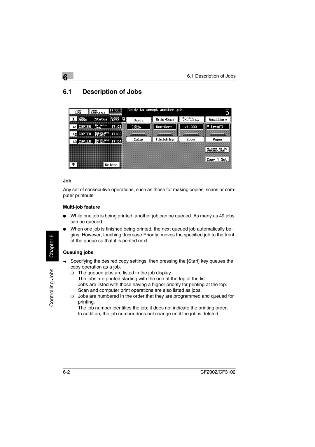 Minolta CF2002 user manual Description of Jobs, Multi-job feature, Queuing jobs 