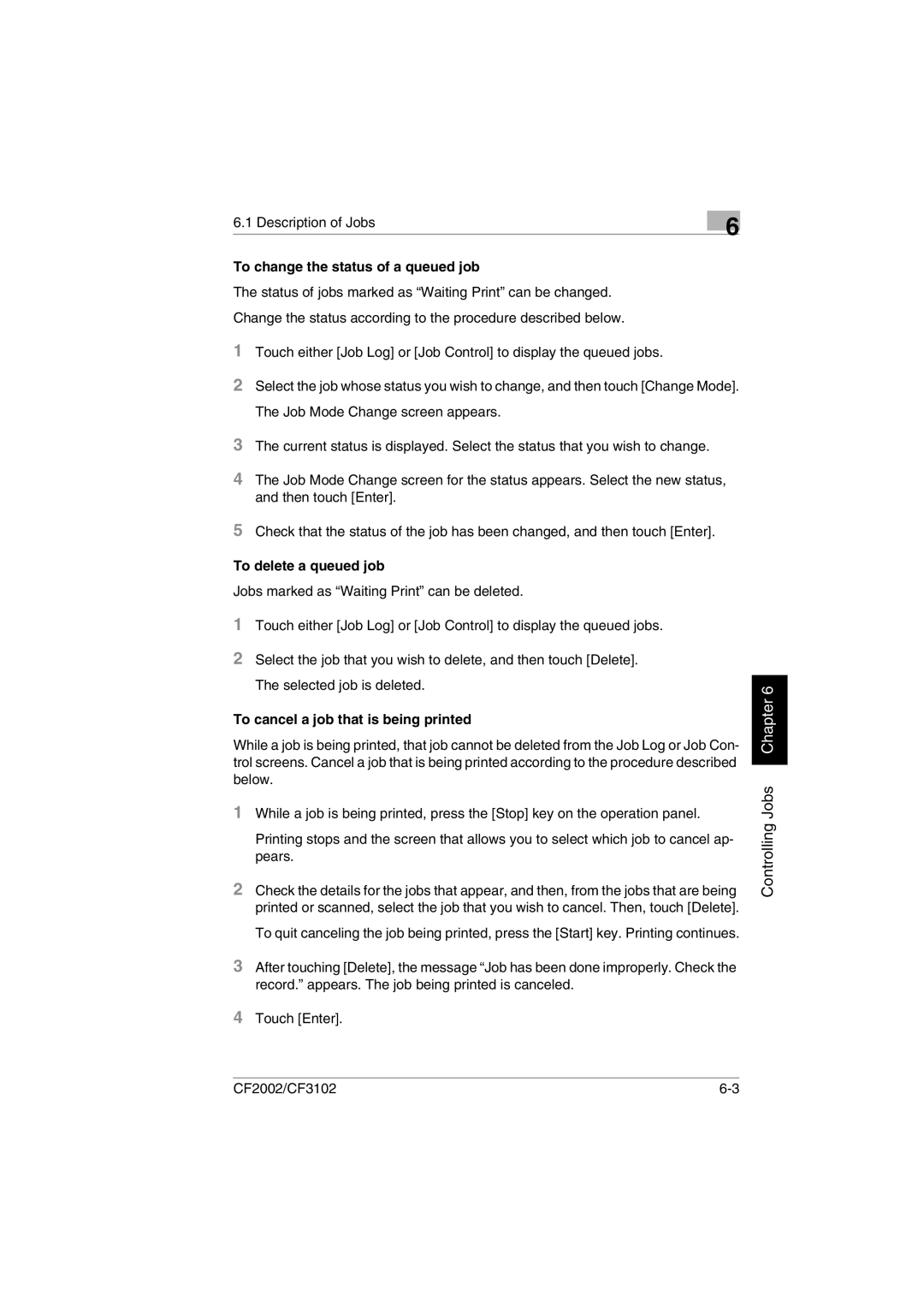 Minolta CF2002 user manual Controlling Jobs Chapter 