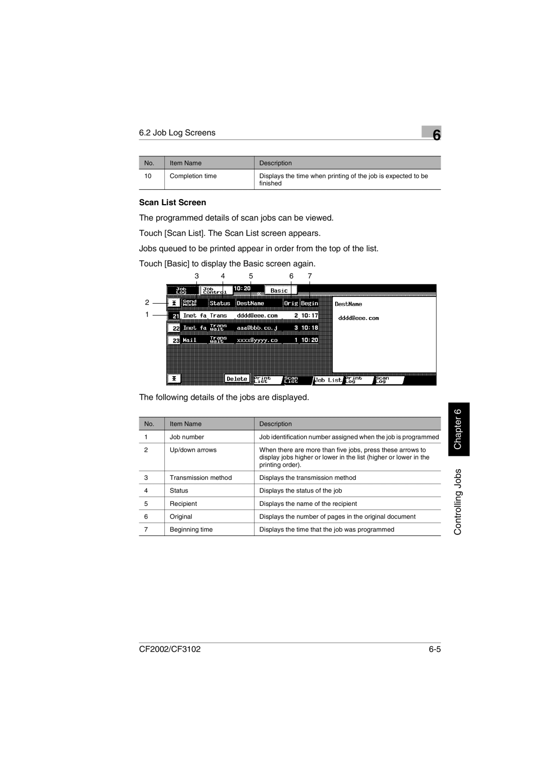 Minolta CF2002 user manual Job Log Screens, Scan List Screen 