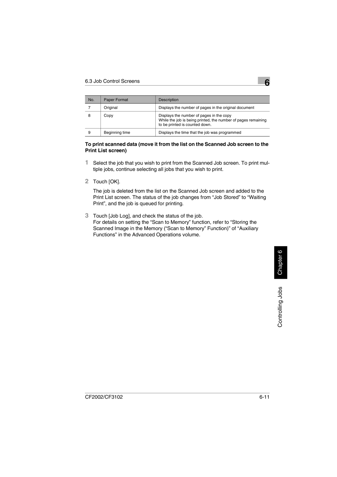 Minolta CF2002 user manual Job Control Screens 