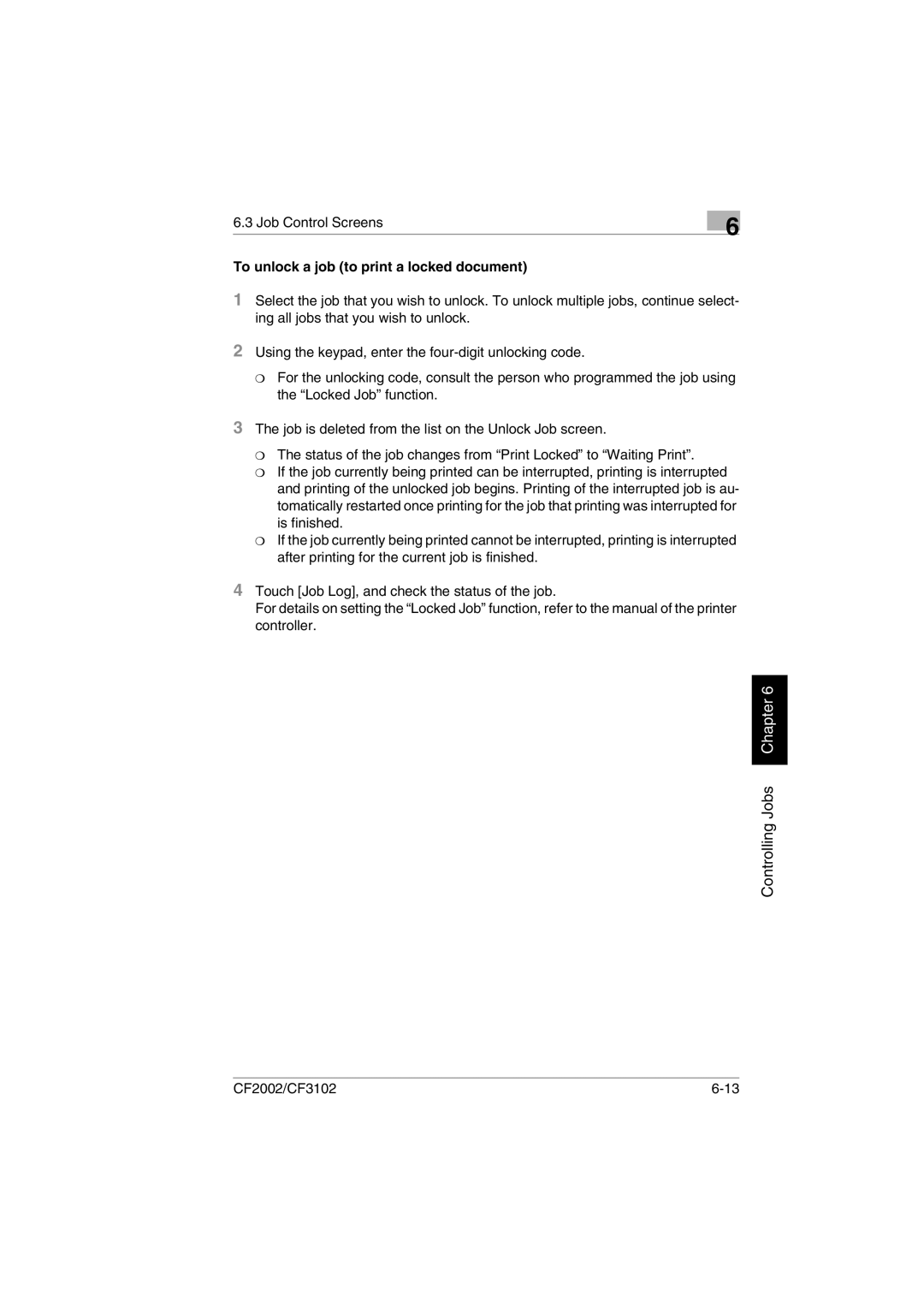 Minolta CF2002 user manual To unlock a job to print a locked document 