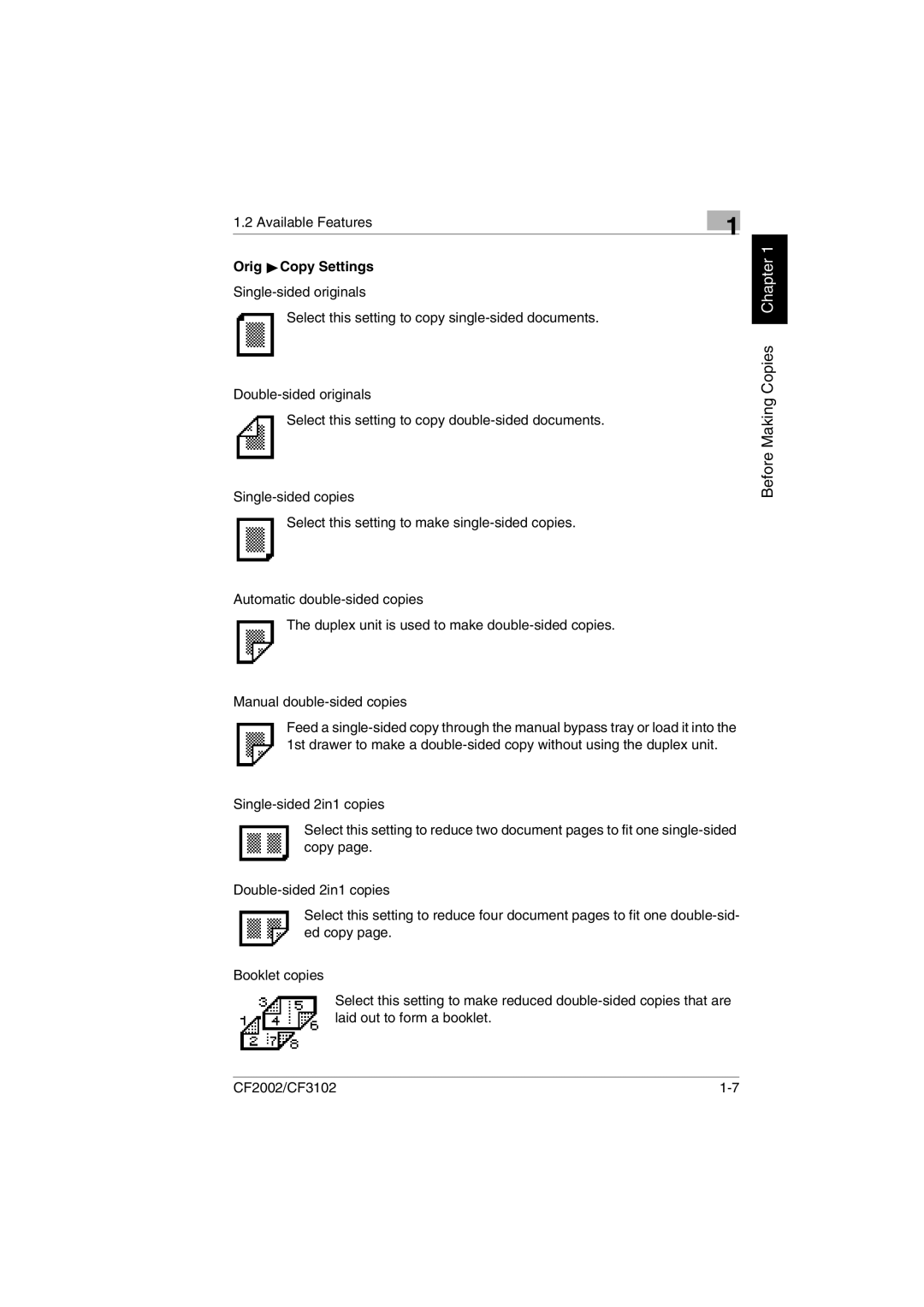 Minolta CF2002 user manual Orig ÖCopy Settings 