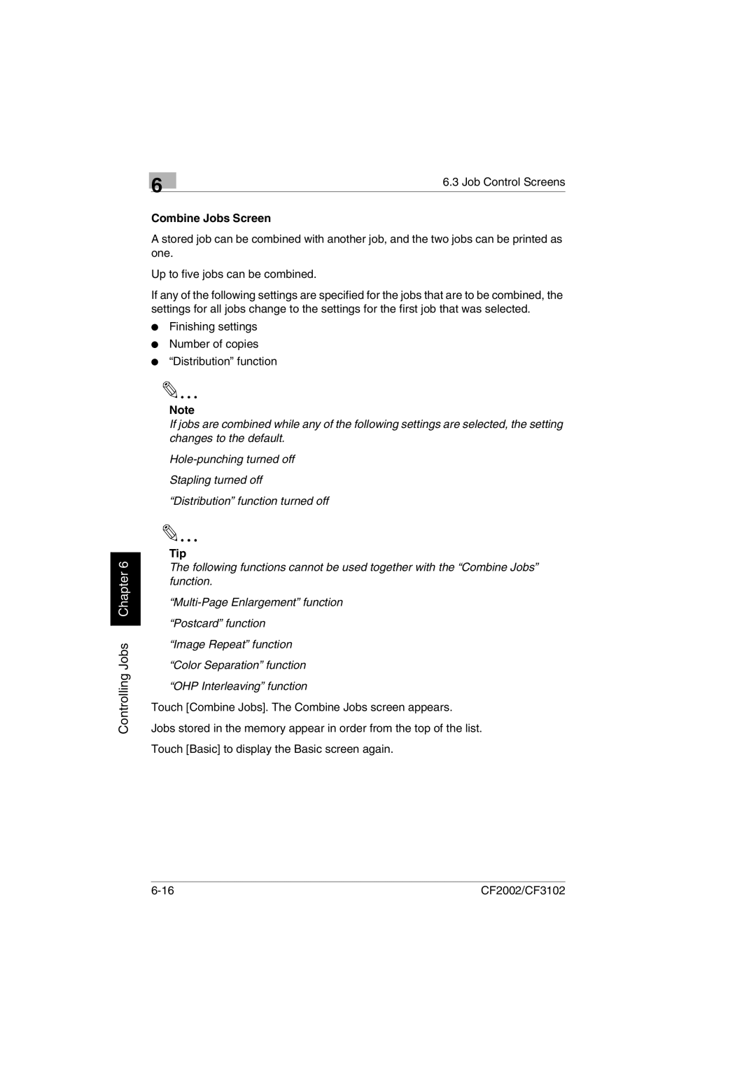 Minolta CF2002 user manual Combine Jobs Screen, Tip 