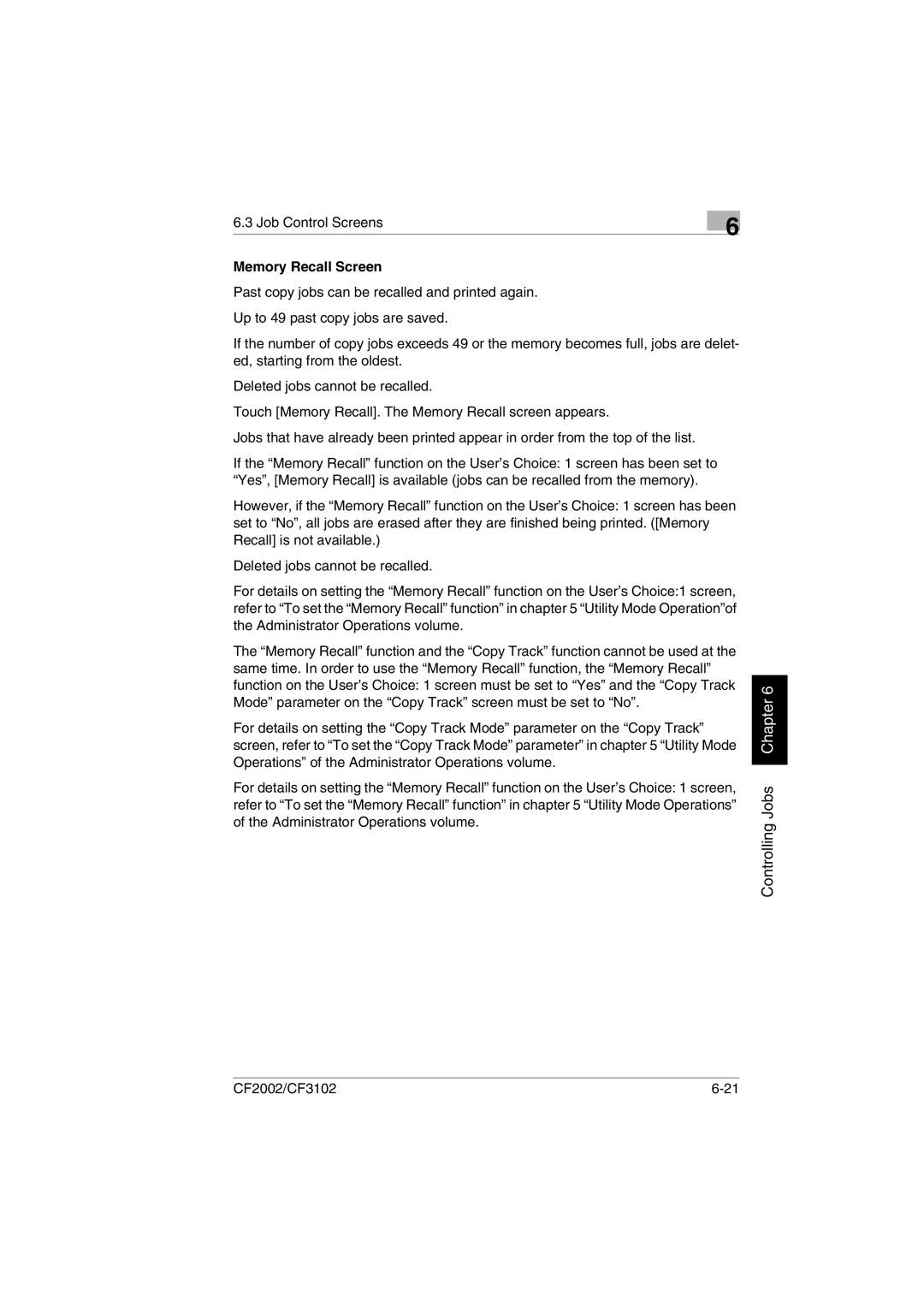 Minolta CF2002 user manual Memory Recall Screen 