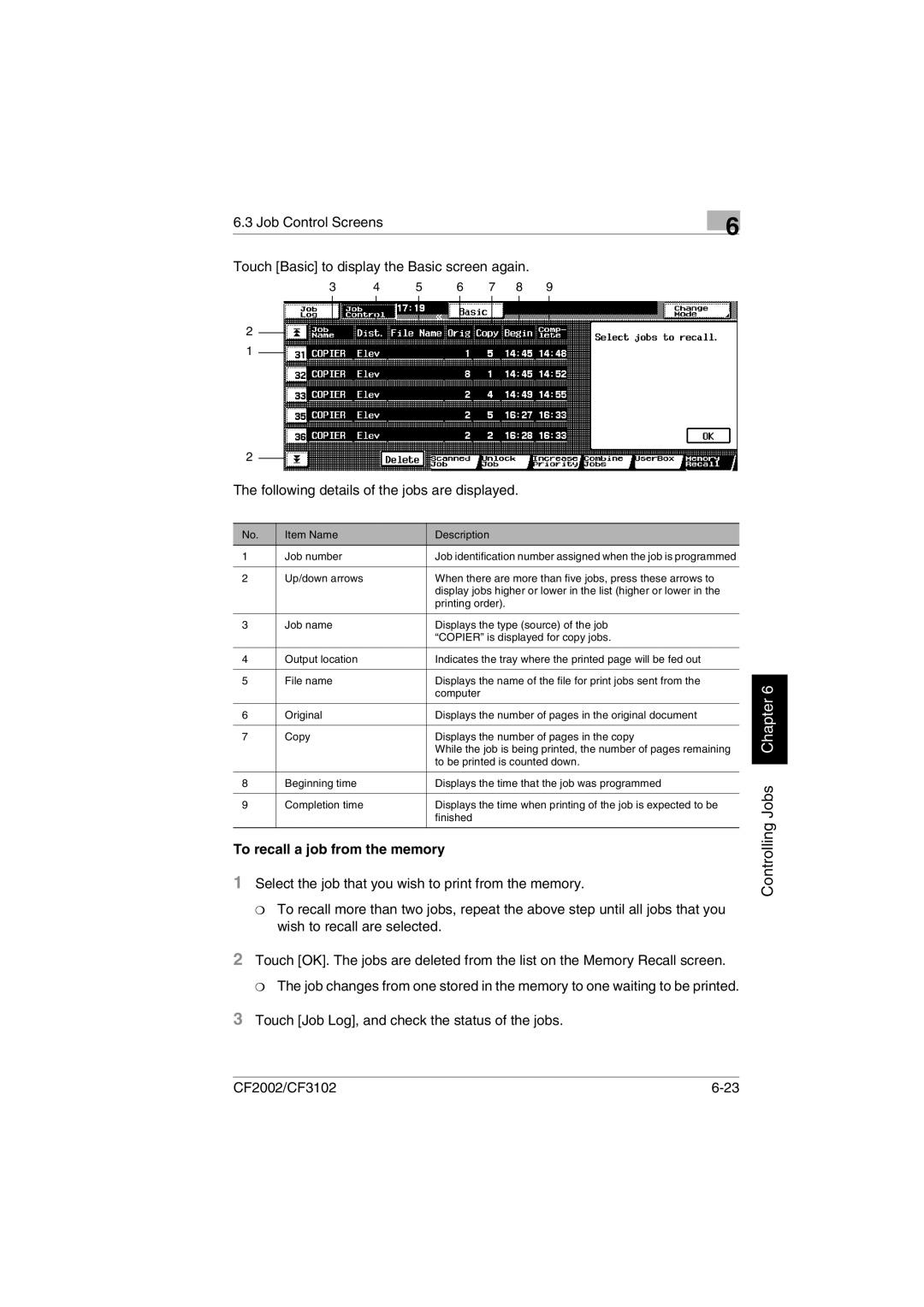 Minolta CF2002 user manual To recall a job from the memory 