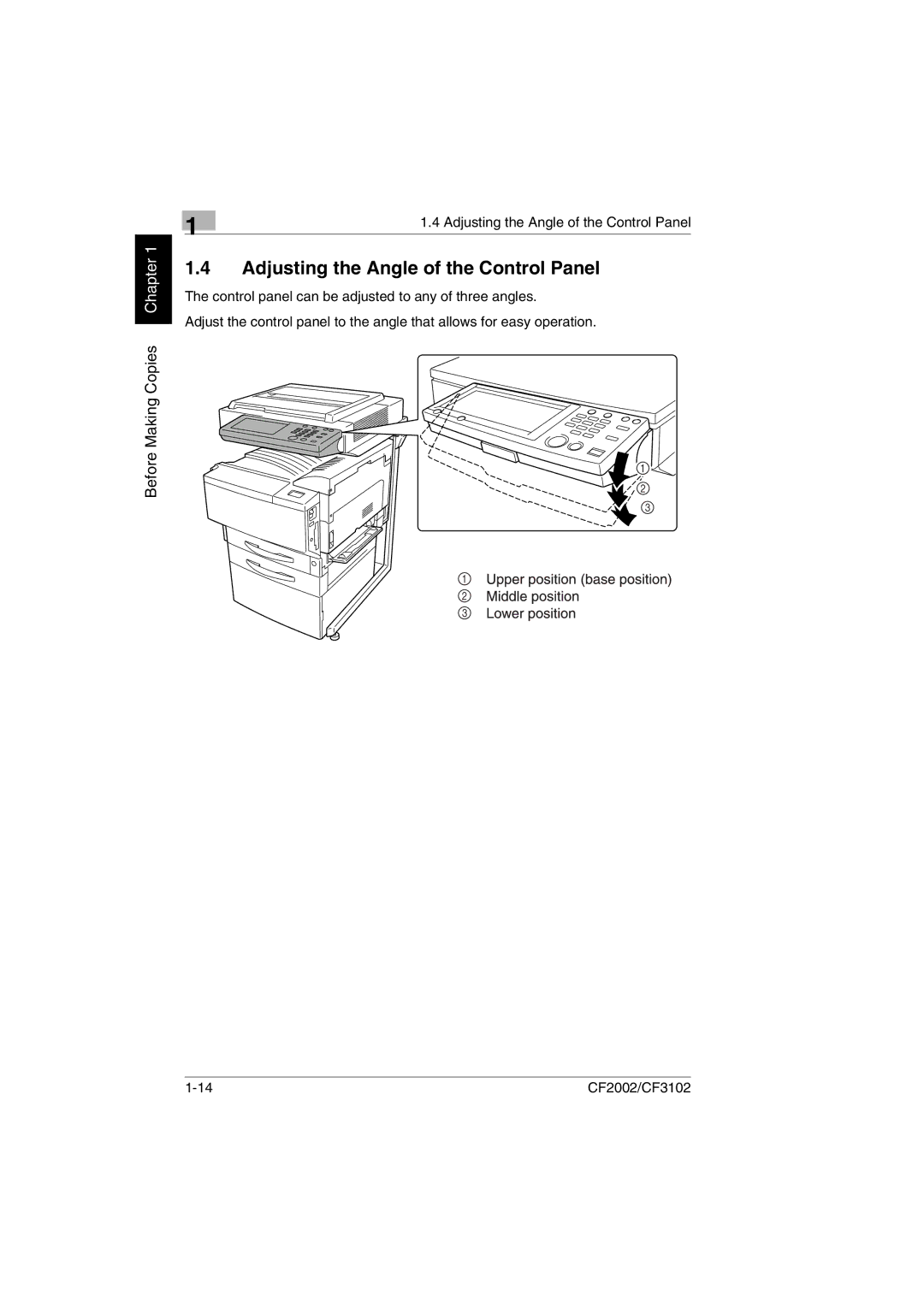 Minolta CF2002 user manual Adjusting the Angle of the Control Panel 