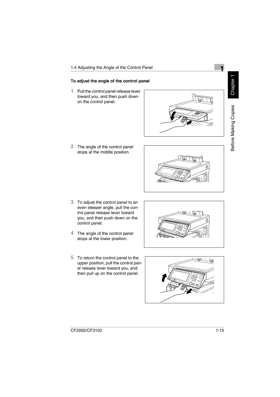 Minolta CF2002 user manual Adjusting the Angle of the Control Panel, To adjust the angle of the control panel 