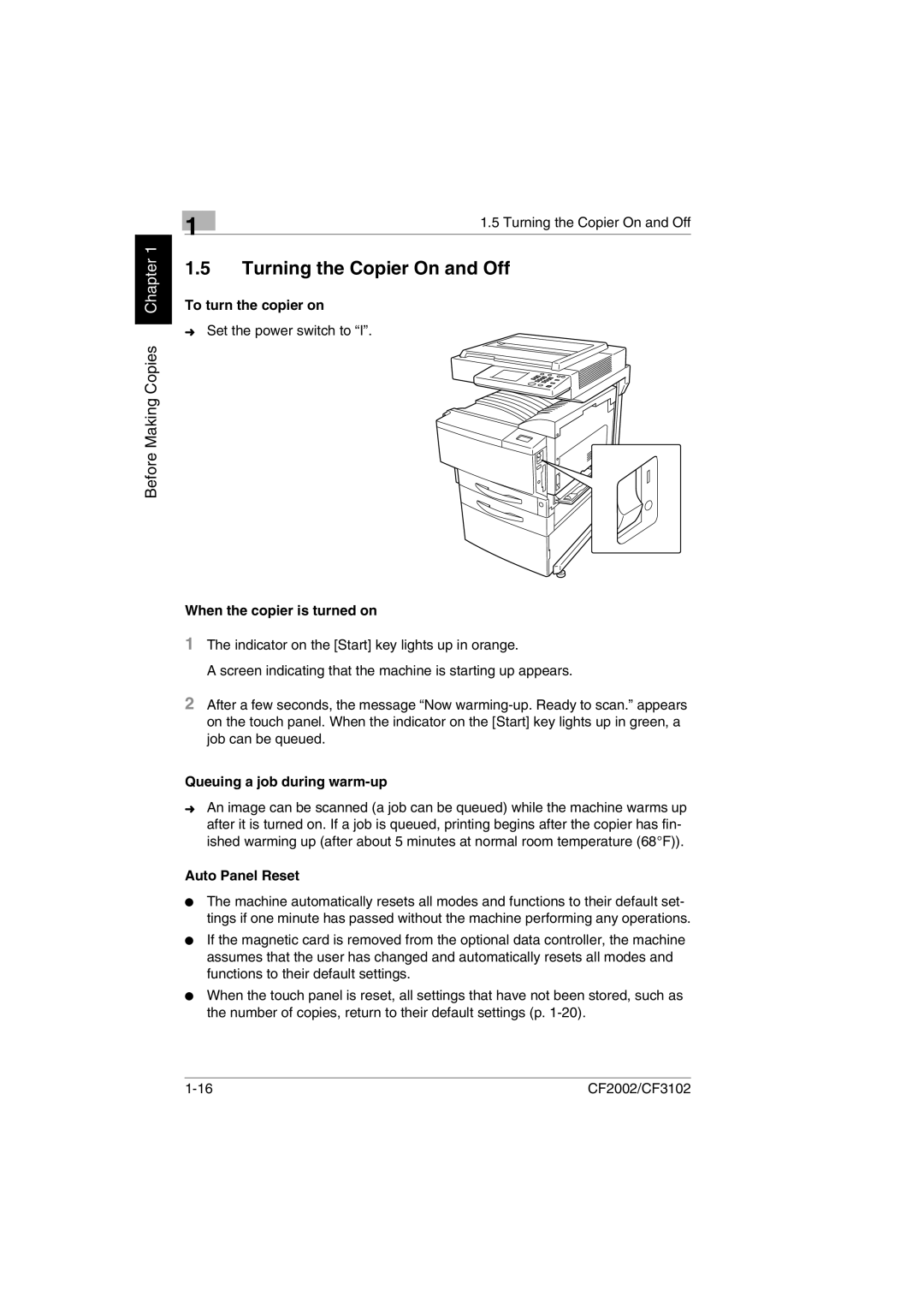 Minolta CF2002 Turning the Copier On and Off, To turn the copier on, When the copier is turned on, Auto Panel Reset 