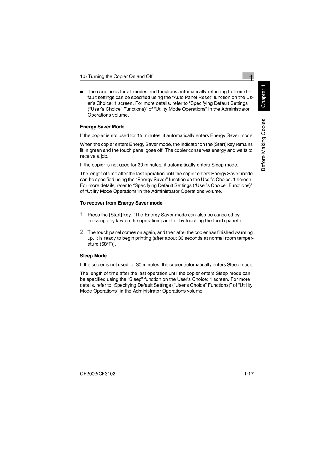 Minolta CF2002 user manual Energy Saver Mode, To recover from Energy Saver mode, Sleep Mode 