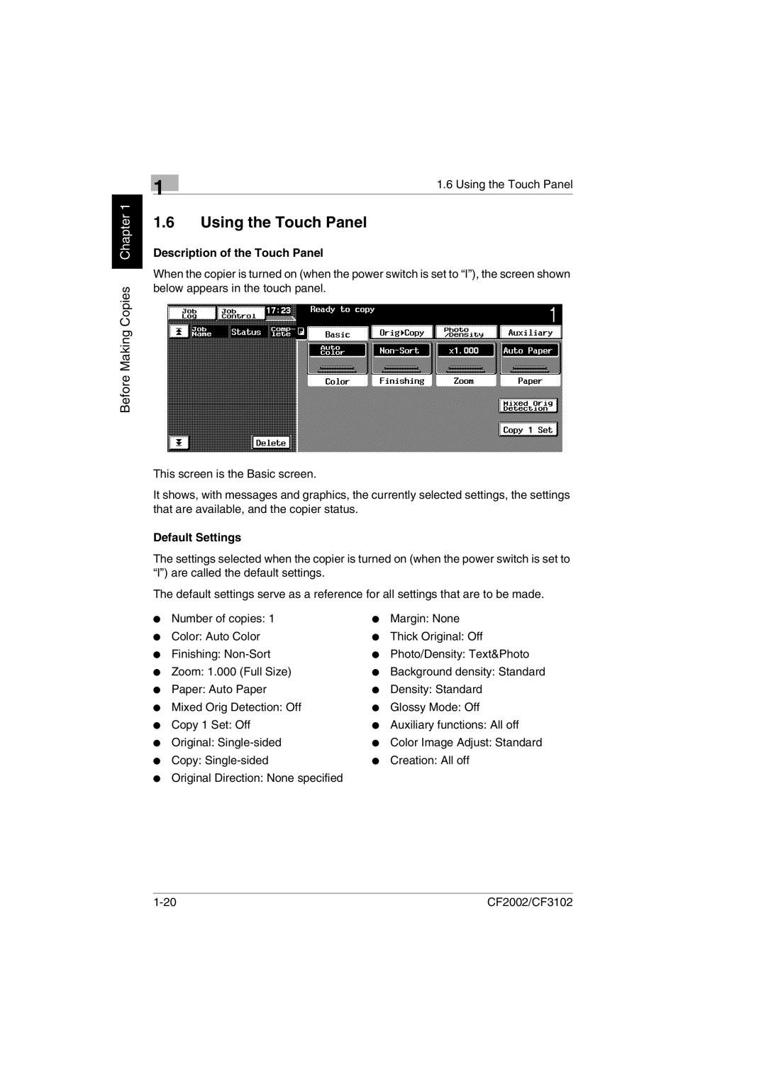 Minolta CF2002 user manual Using the Touch Panel, Description of the Touch Panel, Default Settings 