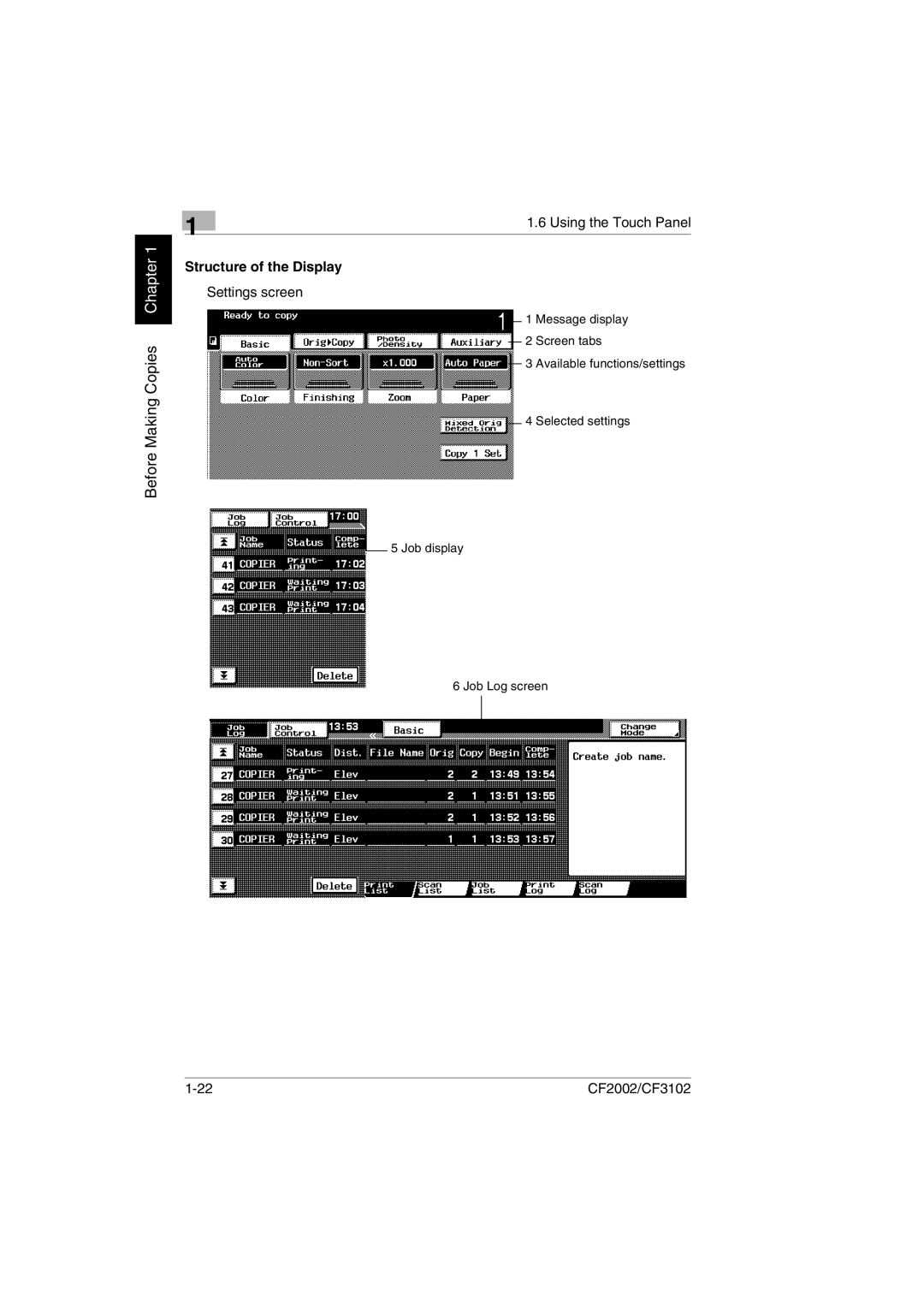 Minolta CF2002 user manual Structure of the Display, Settings screen 