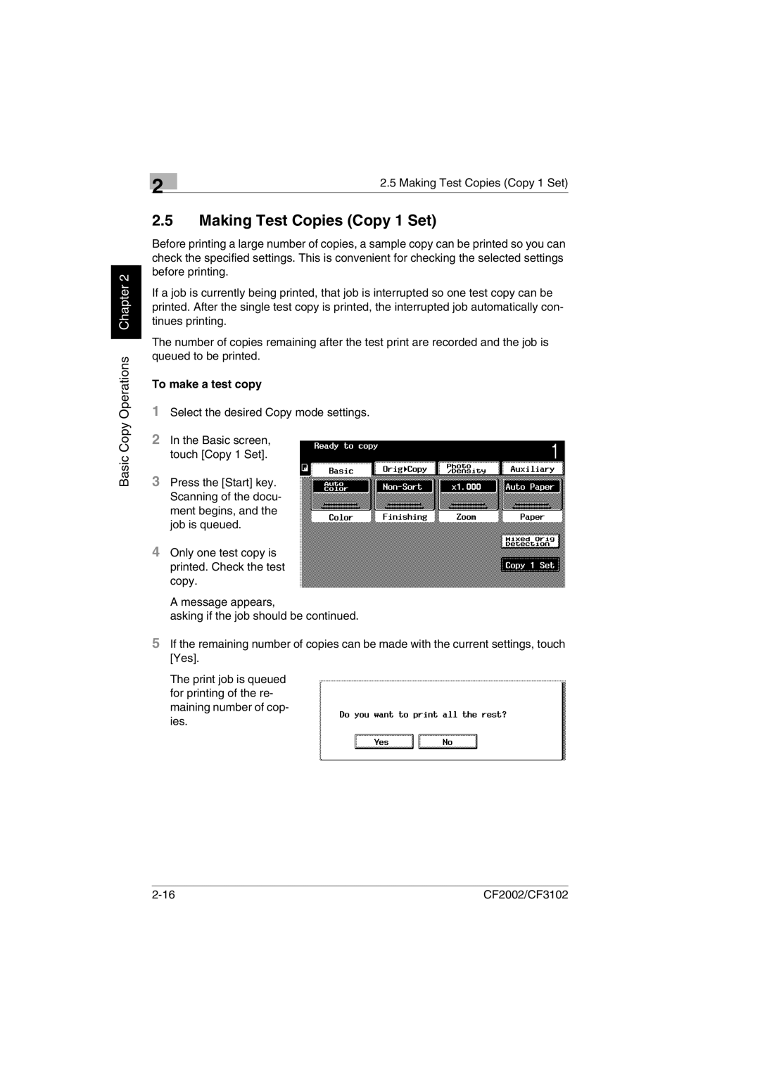 Minolta CF2002 user manual Making Test Copies Copy 1 Set, To make a test copy 