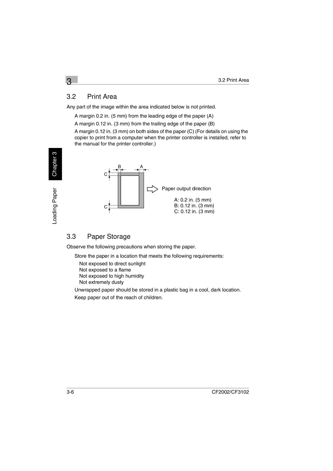 Minolta CF2002 user manual Print Area, Paper Storage, Paper output direction 