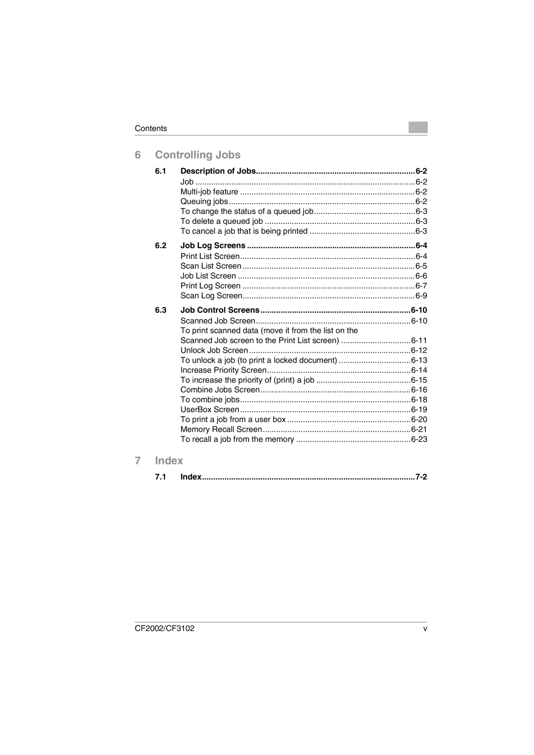 Minolta CF2002 user manual Description of Jobs, Job Log Screens, Job Control Screens, Index 