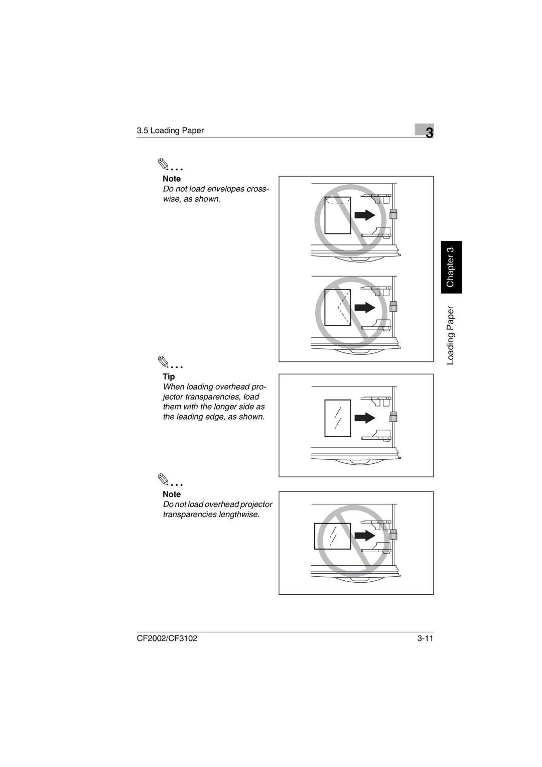 Minolta CF2002 user manual Do not load envelopes cross- wise, as shown 