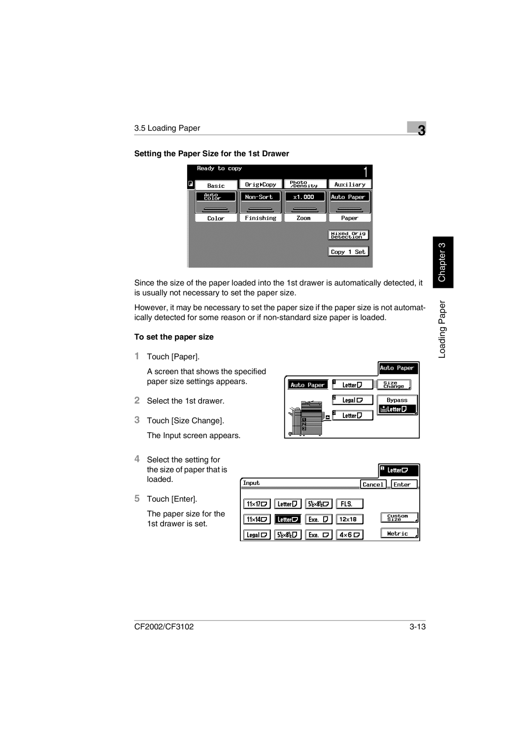 Minolta CF2002 user manual Setting the Paper Size for the 1st Drawer, To set the paper size, Touch Paper 