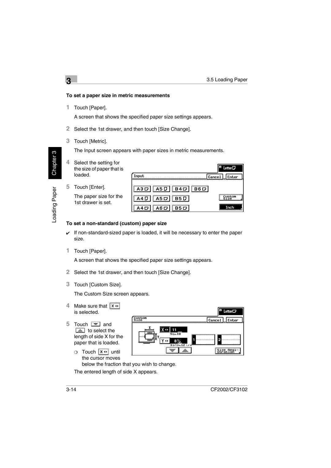 Minolta CF2002 user manual To set a paper size in metric measurements, To set a non-standard custom paper size 