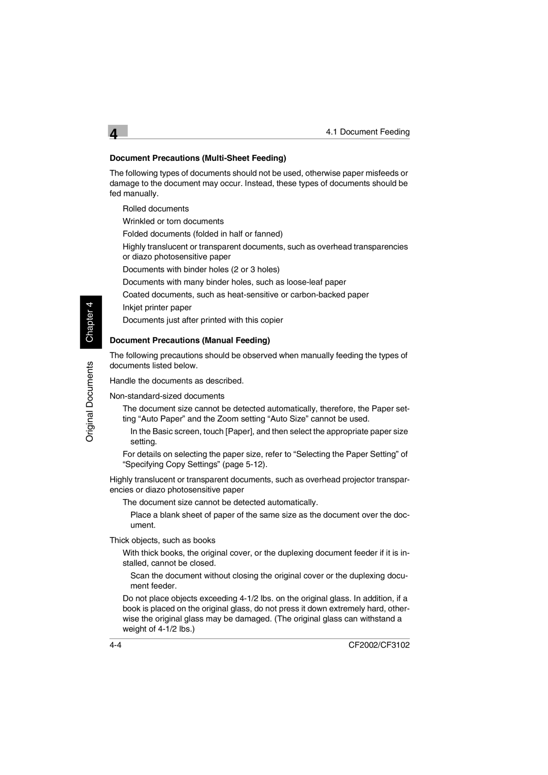 Minolta CF2002 user manual Document Precautions Multi-Sheet Feeding, Document Precautions Manual Feeding 