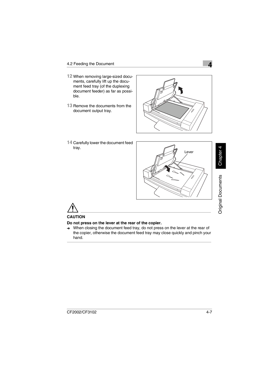 Minolta CF2002 user manual Do not press on the lever at the rear of the copier 