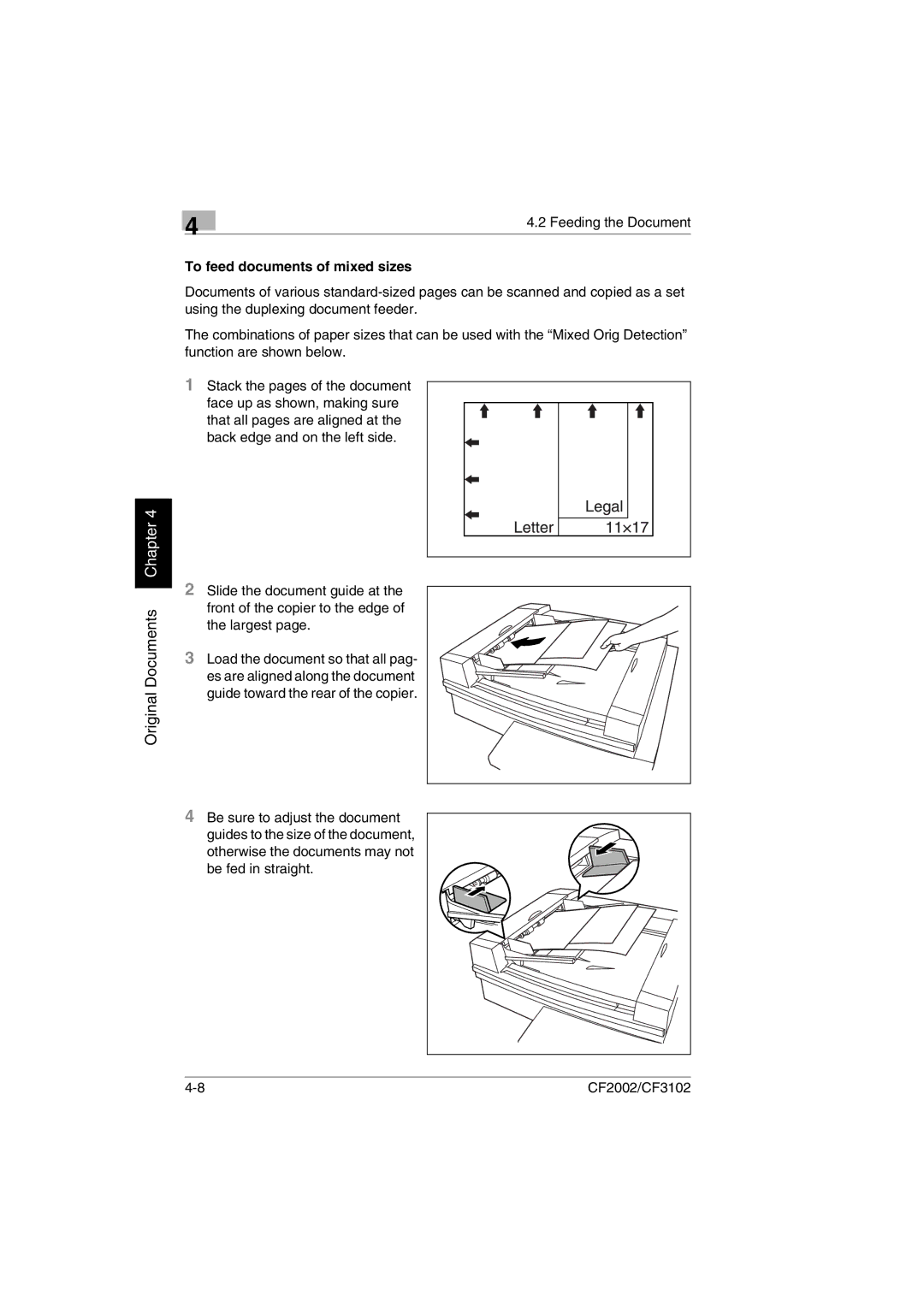 Minolta CF2002 user manual Feeding the Document, To feed documents of mixed sizes 