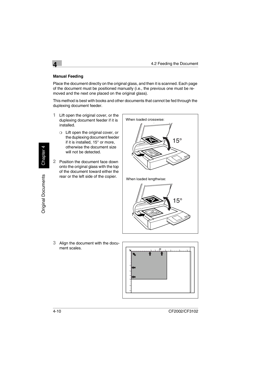 Minolta CF2002 user manual Manual Feeding, Align the document with the docu- ment scales 