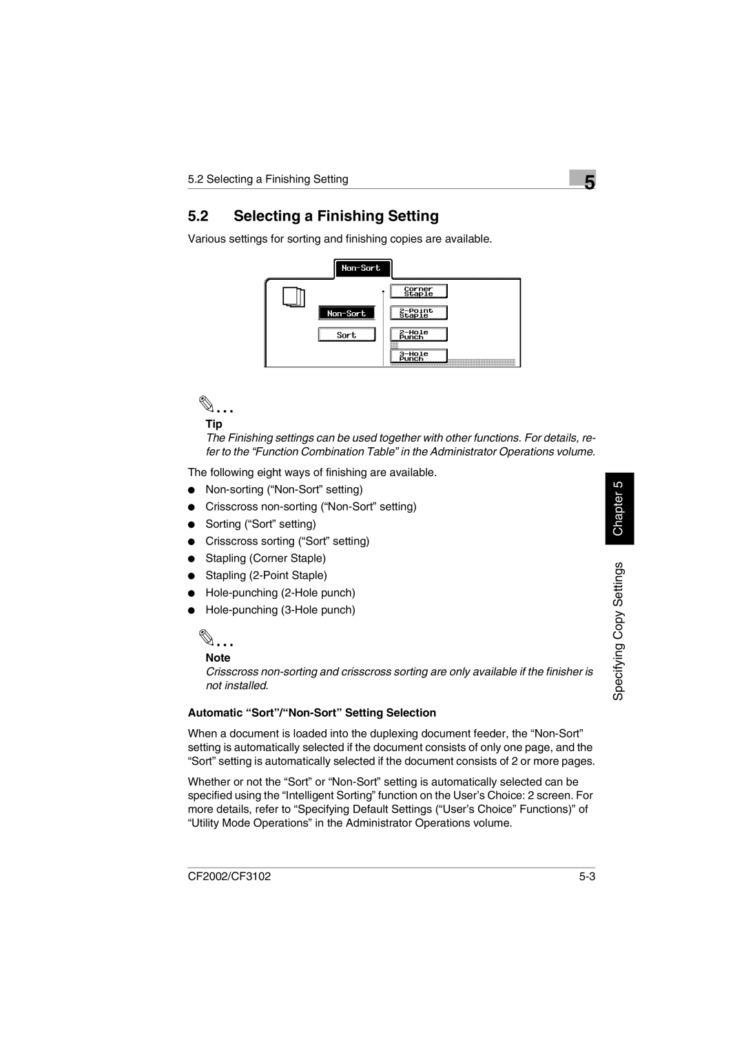 Minolta CF2002 user manual Selecting a Finishing Setting, Automatic Sort/Non-Sort Setting Selection 