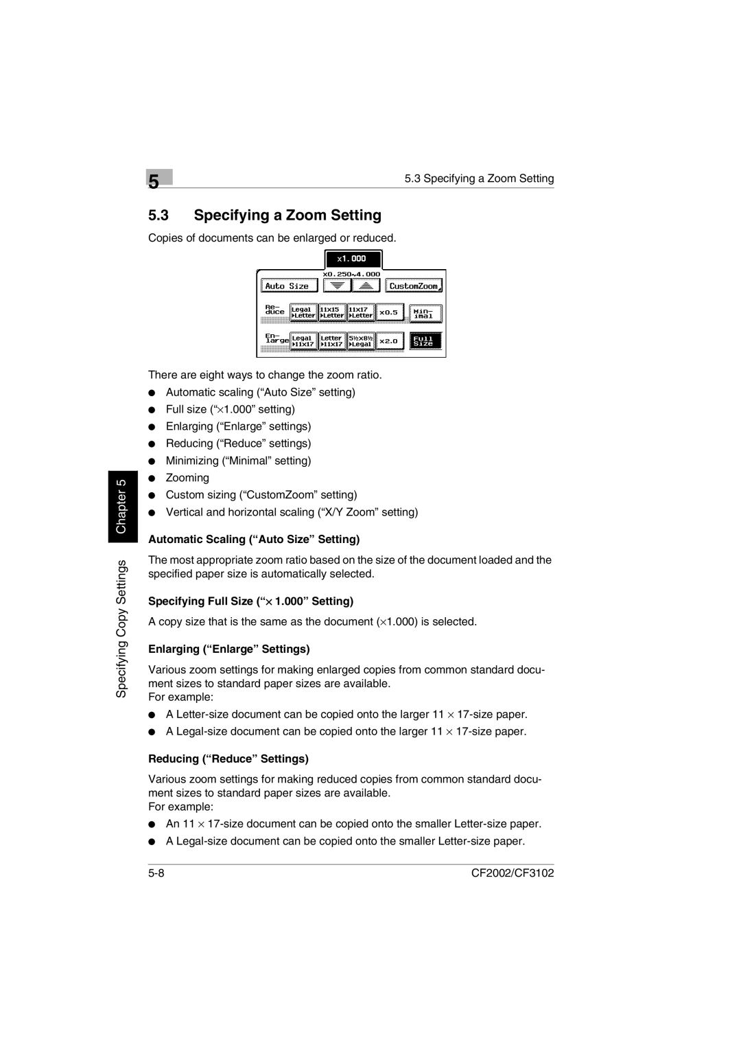 Minolta CF2002 Specifying a Zoom Setting, Automatic Scaling Auto Size Setting, Specifying Full Size ⋅ 1.000 Setting 