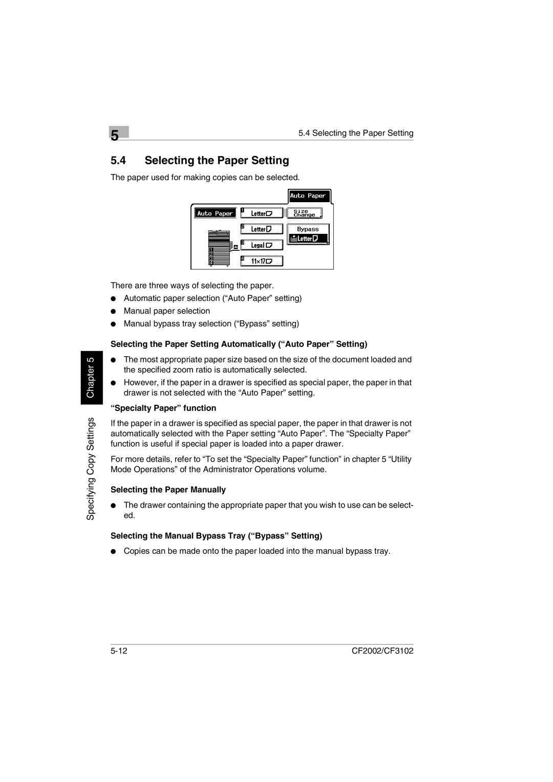 Minolta CF2002 Selecting the Paper Setting, Selecting the Paper Manually, Selecting the Manual Bypass Tray Bypass Setting 