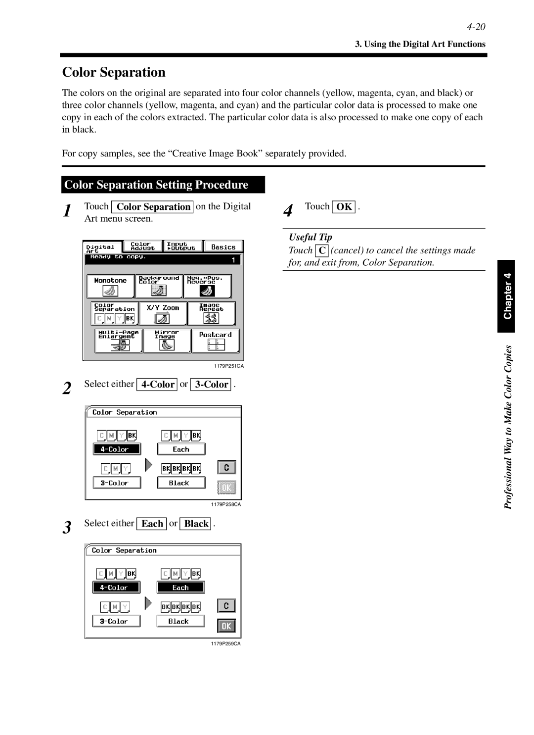 Minolta cf9001 manual Color Separation Setting Procedure, Select either 4-Coloror 3-Color, Select either Each or Black 