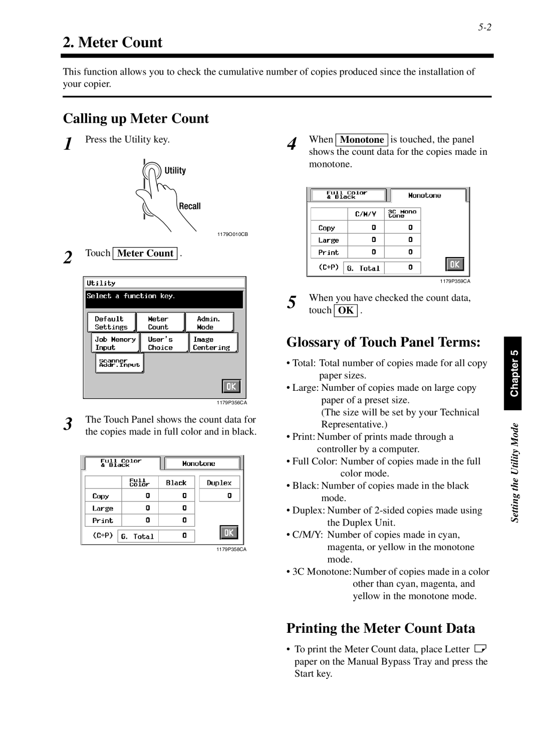 Minolta cf9001 Calling up Meter Count, Glossary of Touch Panel Terms, Printing the Meter Count Data, Touch Meter Count 