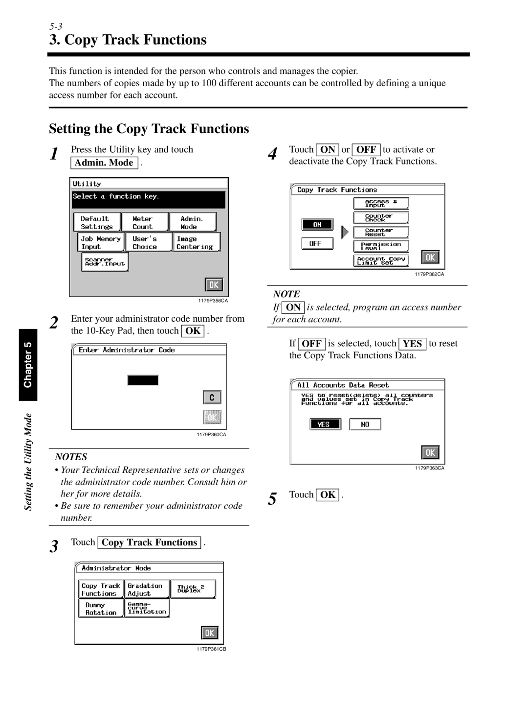 Minolta cf9001 manual Setting the Copy Track Functions, Press the Utility key and touch Touch, Admin. Mode 